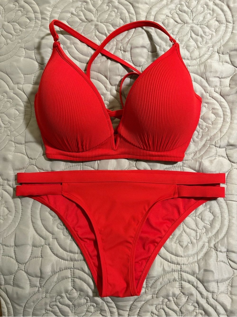 Red Ribbed Strappy Bikini Set